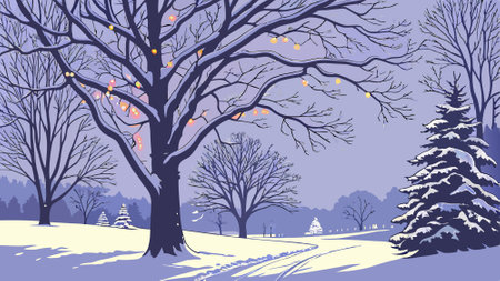 Winter snow evening landscape with decorated christmas trees in the forest.. AI generated. Vector iconのイラスト素材
