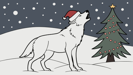Wolf with santa hat. snowflakes in the night and christmas tree. copy space. AI generated. Vector iconのイラスト素材