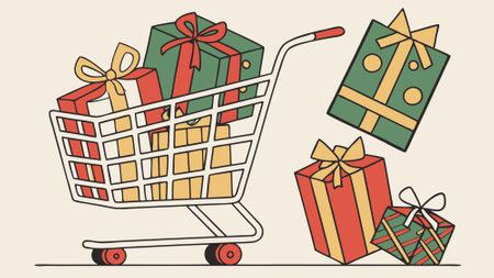 Shopping cart filled with different presents for Chirstmas. . AI generated. Vector iconのイラスト素材