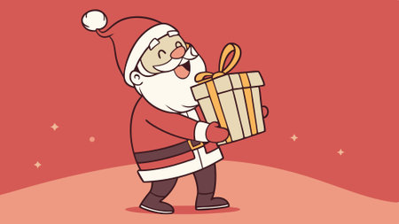 Happy mature Santa Claus with presents and gift boxes on red background. AI generated. Vector iconのイラスト素材