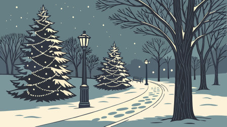 Magical winter walkway with lit Christmas trees and fresh snow at night. AI generated. Vector iconのイラスト素材