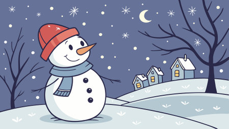 Cute Snowman in hat and scarf at night, it's snowing, winter fairy tale. AI generated. Vector iconのイラスト素材