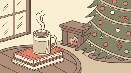 Cozy Winter Scene with a Mug of Hot Drink, Books, and a Christmas Tree. AI generated. Vector iconのイラスト素材