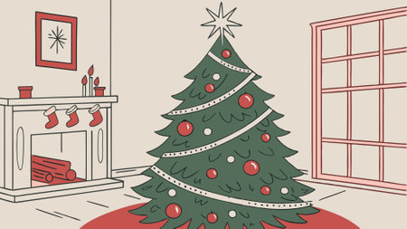 Describe the theme or color scheme of your Christmas tree decorations.. AI generated. Vector iconのイラスト素材