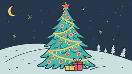 A vibrant, colorful Christmas tree illuminated against a dark backdrop.. AI generated. Vector iconのイラスト素材