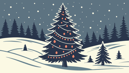 Christmas tree in the winter landscape, snow, night, decorated xmas tree. AI generated. Vector iconのイラスト素材