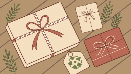 Zero waste christmas concept with gift boxes on wooden background top view. AI generated. Vector iconのイラスト素材