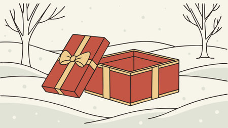 A red box with a gold bow sits on a snowy ground next to two other red boxes. AI generated. Vector iconのイラスト素材