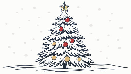 A snowy Christmas tree with a gold star on top and red and gold ornaments.. AI generated. Vector iconのイラスト素材