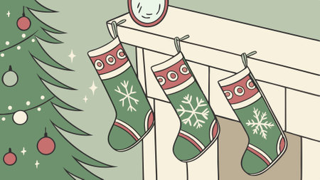 Festive green Christmas stockings adorned with snowflakes and ornaments.. AI generated. Vector iconのイラスト素材