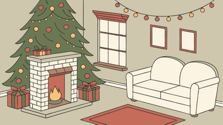 Christmas Living Room Decor with a Fireplace, Christmas Tree and a White Sofa. AI generated. Vector iconのイラスト素材