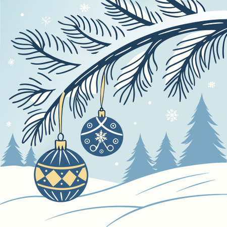 A snowy pine branch with blue and gold ornaments hangs in a winter wonderland. AI generated. Vector iconのイラスト素材