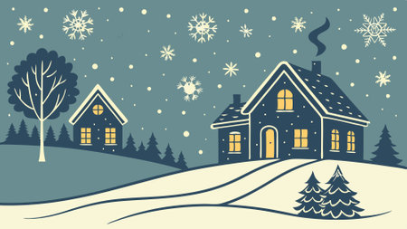 Christmas Snow Falling Slow Motion, and Burning light in the little toy houses. AI generated. Vector iconのイラスト素材