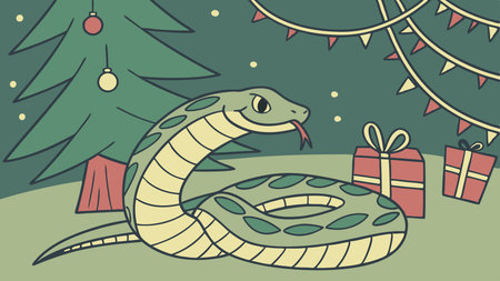 Green snake lies among Christmas decorations where the rotation effect occurs. AI generated. Vector...