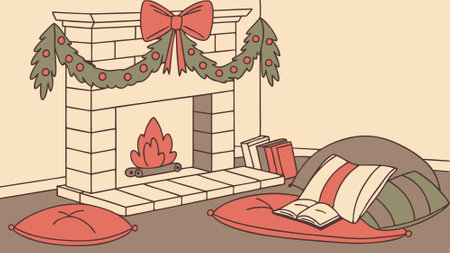 Cozy Christmas Fireplace with Garland Decorations and Warm Holiday Atmosphere. AI generated. Vector iconのイラスト素材