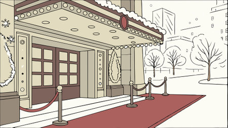 A festive entrance to a building with a red carpet and snow covered decorations.. AI generated. Vector iconのイラスト素材