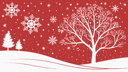 Magical winter wonderland with falling snowflakes on a vibrant red background. AI generated. Vector iconのイラスト素材