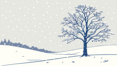 Snowy winter landscape with a lone tree covered in frost and falling snow.. AI generated. Vector iconのイラスト素材