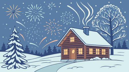 Enchanting snowy fireworks illuminate a winter wonderland night at a cozy cabin. AI generated. Vector iconのイラスト素材