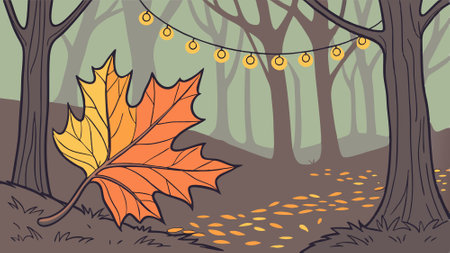Sparkling Autumn Leaf Amidst Twinkling Lights in Enchanting Forest Setting. AI generated. Vector iconのイラスト素材