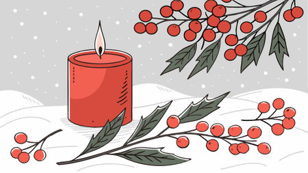 A red candle is lit on a snowy ground with berries around it. Christmas theme.. AI generated. Vector iconのイラスト素材