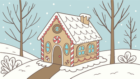 A gingerbread house with candy canes and snow is ready for the holiday season. AI generated. Vector iconのイラスト素材