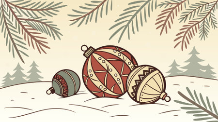 Christmas Ornaments on Snowy Surface with Pine Branches - Warm Holiday Bokeh. AI generated. Vector iconのイラスト素材