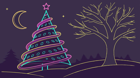 Futuristic glowing Christmas tree with digital spirals against dark background.. AI generated. Vector iconのイラスト素材