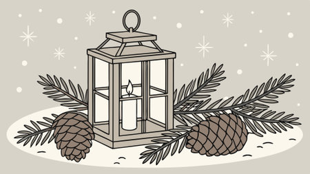Christmas decoration with candle lanterns and pine cones falling snow effect. AI generated. Vector iconのイラスト素材