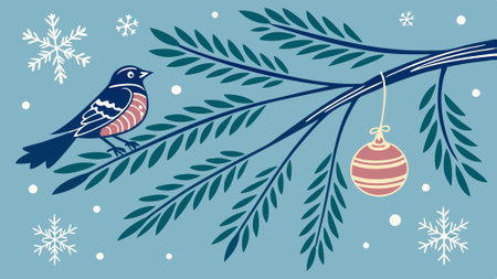 A blue background with fir branches, Christmas ornaments and snowflakes falling. AI generated. Vector iconのイラスト素材