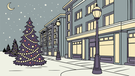 Magical winter holiday scene with illuminated Christmas trees lining the street. AI generated. Vector iconのイラスト素材
