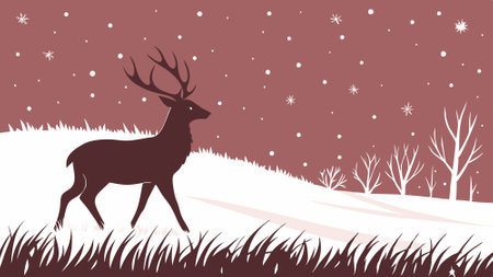 A silhouette of a deer stands in a snowy field with a red sky during the winter. AI generated. Vector iconのイラスト素材