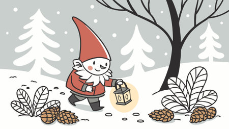 A festive gnome surrounded by pine cones and snow in a winter wonderland setting. AI generated. Vector iconのイラスト素材