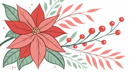 A watercolor illustration of a red poinsettia with green leaves and red berries. AI generated. Vector iconのイラスト素材