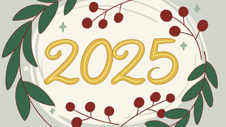 Golden 2025 numbers appearing on christmas wreath with blurry background. AI generated. Vector icon