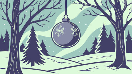 Christmas Ball Reflecting the Glow of Northern Lights in a Snowy Forest. AI generated. Vector iconのイラスト素材