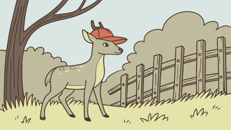 A deer with a red hat on its head is standing in front of a wooden fence. AI generated. Vector iconのイラスト素材