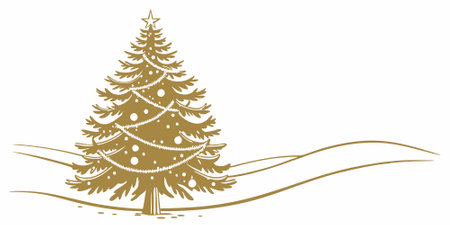 A golden Christmas tree stands tall in a snowy landscape with falling snowflakes. AI generated. Vector iconのイラスト素材