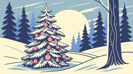 Snow-Dusted Mini Christmas Tree with Pink Ornaments in a Winter Forest at Sunset. AI generated. Vector iconのイラスト素材