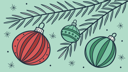 Red and green ornaments and pine branches lay scattered across a teal background. AI generated. Vector iconのイラスト素材