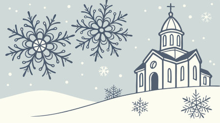 Delicate snowflakes rest on a snowy surface with a blurred church in the background. AI generated. Vector iconのイラスト素材