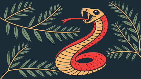 Snake on a dark background with Christmas tree branches. Chinese new year. Loop. . AI generated. Vector iconのイラスト素材