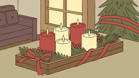 Cozy christmas candle display with festive decorations and warm holiday atmosphere. AI generated. Vector iconのイラスト素材