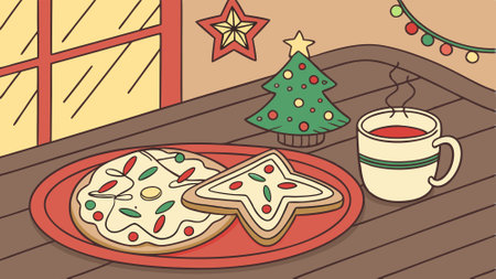 Festive Christmas cookies on a wooden table with hot cocoa and holiday decorations. AI generated. Vector iconのイラスト素材