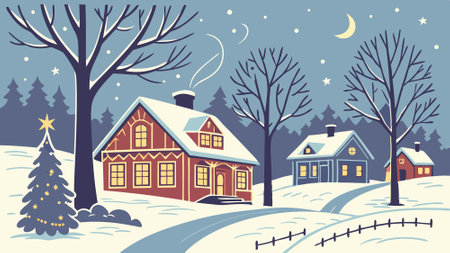 Charming winter village with snow-covered houses and Christmas decorations at night. AI generated. Vector iconのイラスト素材