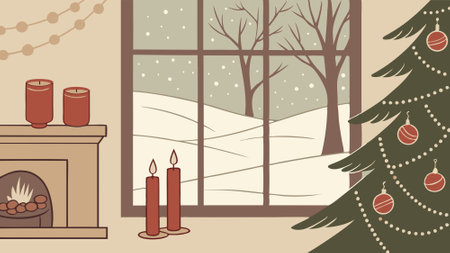 Cozy Christmas atmosphere with candles, ornaments, and winter scenery by the window. AI generated. Vector iconのイラスト素材