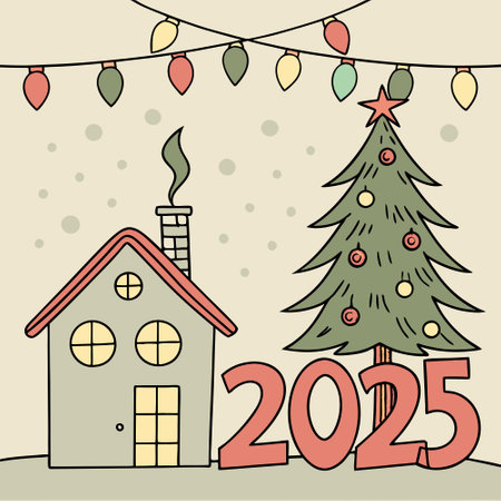 New year 2025 with Christmas decorations on a bokeh background, copy space for text. AI generated. Vector iconのイラスト素材