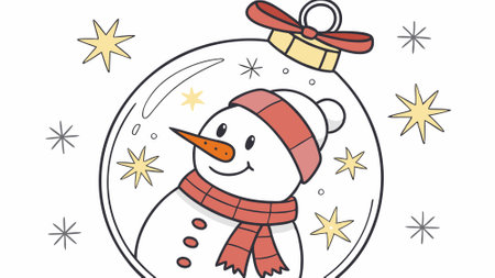 A jolly snowman with a carrot nose and a red scarf inside a sparkling Christmas bauble. AI generated. Vector iconのイラスト素材