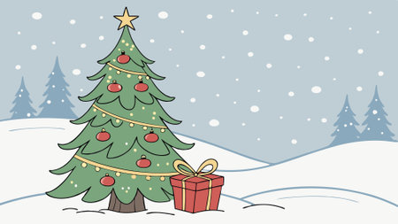Christmas Tree Decorated with Ornaments and Gifts in the Snow with Falling Snowflakes. AI generated. Vector iconのイラスト素材