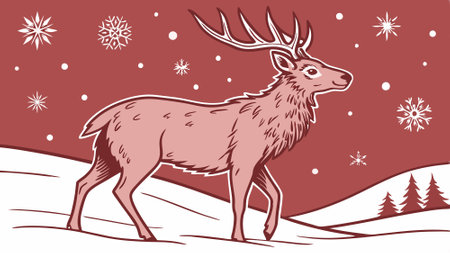 A red reindeer stands against a red background with white snowflakes falling around it. AI generated. Vector iconのイラスト素材